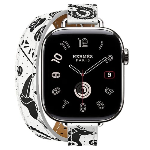Apple Watch Hermes Series 11 42mm, двойной тонкий кожаный ремешок с лошадью белого цвета