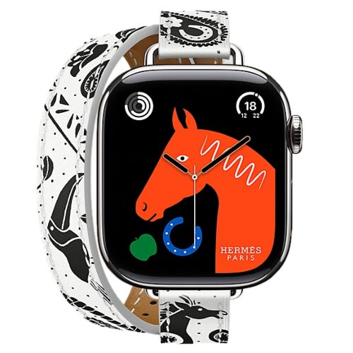 Apple Watch Hermes Series 11 42mm, двойной тонкий кожаный ремешок с лошадью белого цвета