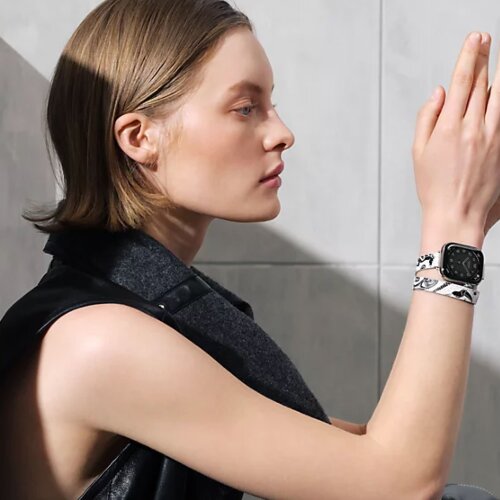 Apple Watch Hermes Series 11 42mm, двойной тонкий кожаный ремешок с лошадью белого цвета