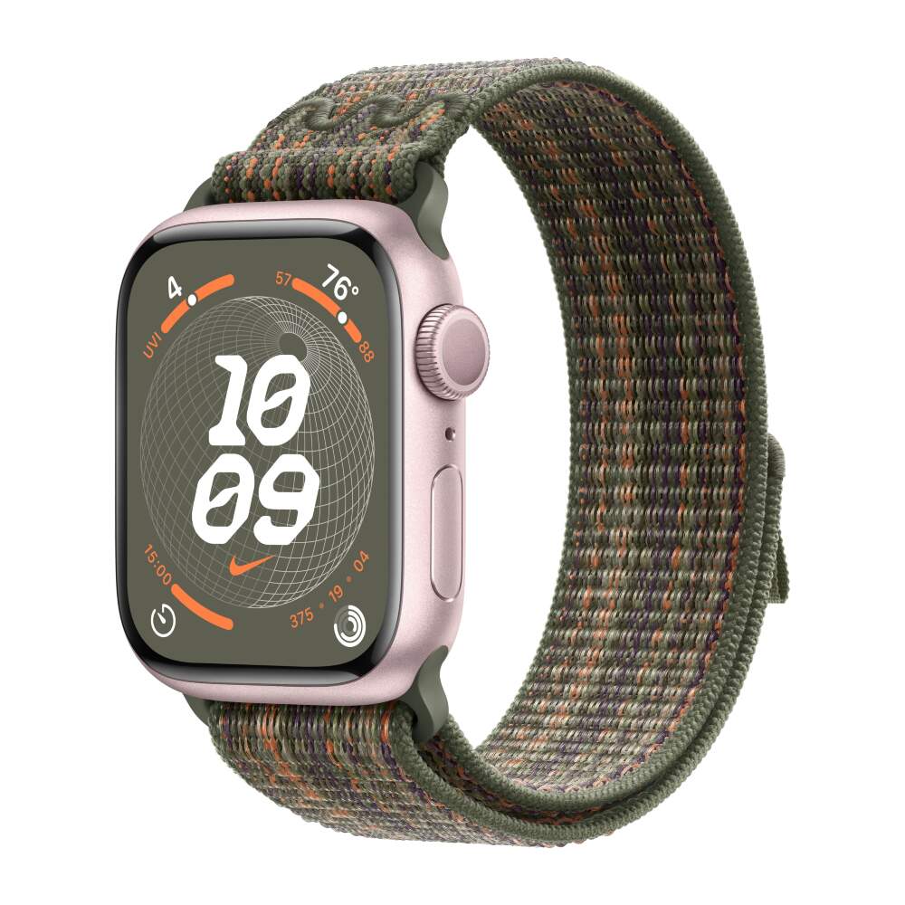 Apple Watch 9 Aluminum Midnight 45mm Sequoia Orange Nike sport loop