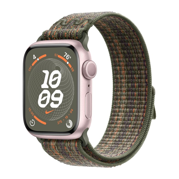 Apple Watch Series 9 45mm, Pink Aluminum Case with Nike Sport Loop - Sequoia/Orange