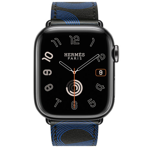 Apple Watch Hermes Series 9 41mm, классический кожаный ремешок черного цвета с синим узором