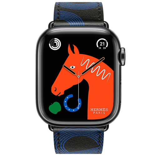 Apple Watch Hermes Series 9 41mm, классический кожаный ремешок черного цвета с синим узором