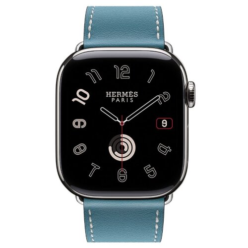 Apple Watch Hermes Series 11 46mm,  ремешок классический кожаный голубого цвета