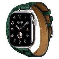 Apple Watch Hermes Series 11 42mm, двойной тонкий кожаный ремешок с лошадью зеленого цвета