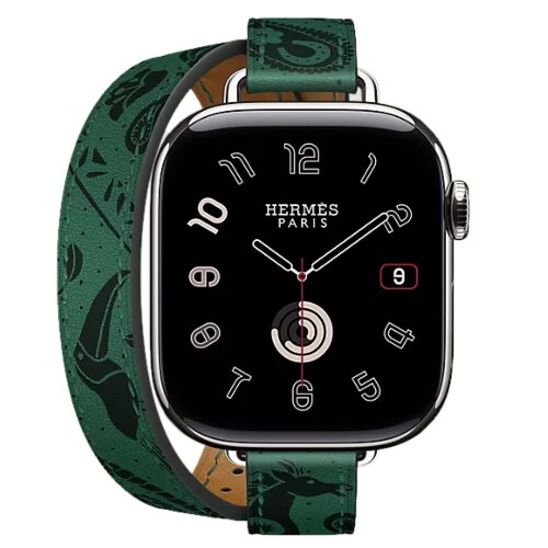 Apple Watch Hermes Series 11 42mm, двойной тонкий кожаный ремешок с лошадью зеленого цвета