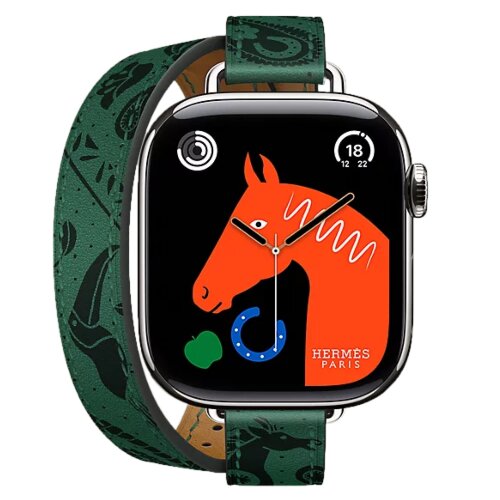 Apple Watch Hermes Series 11 42mm, двойной тонкий кожаный ремешок с лошадью зеленого цвета