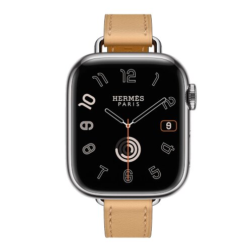 Apple Watch Hermes Series 10 42mm, тонкий кожаный ремешок песочного цвета