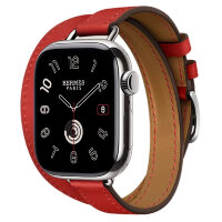 Apple Watch Hermes Series 11 42mm, двойной тонкий красный кожаный ремешок