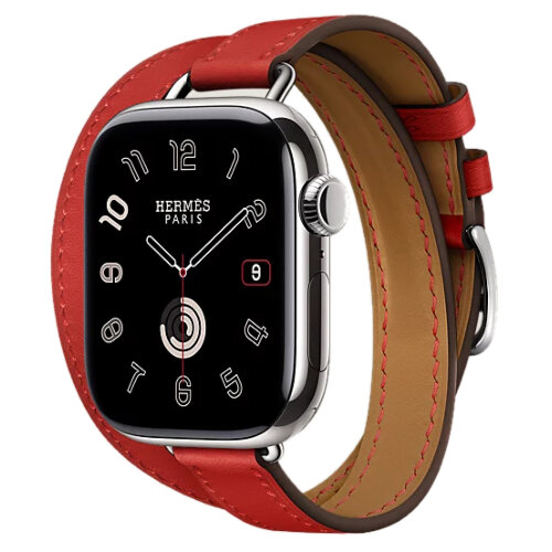 Apple Watch Hermes Series 11 42mm, двойной тонкий красный кожаный ремешок