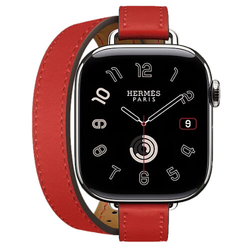 Apple Watch Hermes Series 11 42mm, двойной тонкий красный кожаный ремешок