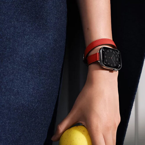 Apple Watch Hermes Series 11 42mm, двойной тонкий красный кожаный ремешок