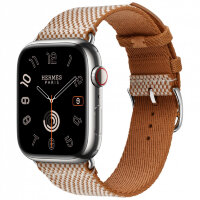 Apple Watch Hermes Series 10 46mm, клетчатый ремешок из плетеного нейлона золотой с белым