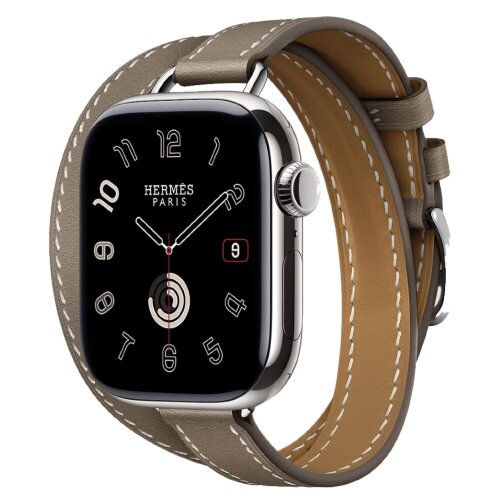 Apple Watch Hermes Series 10 42mm, двойной тонкий кожаный ремешок серого цвета