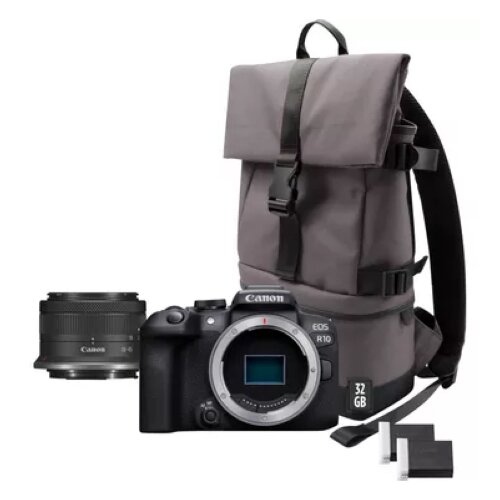 Canon EOS R10 Mirrorless Camera + RF-S 18-45mm F4.5-6.3 IS STM Lens + Backpack + SD Card + Spare Battery