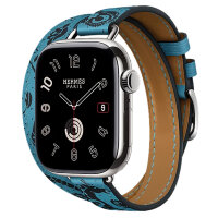 Apple Watch Hermes Series 11 42mm, двойной тонкий кожаный ремешок с лошадью голубого цвета