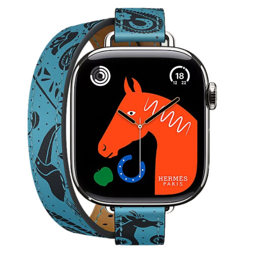 Apple Watch Hermes Series 11 42mm, двойной тонкий кожаный ремешок с лошадью голубого цвета