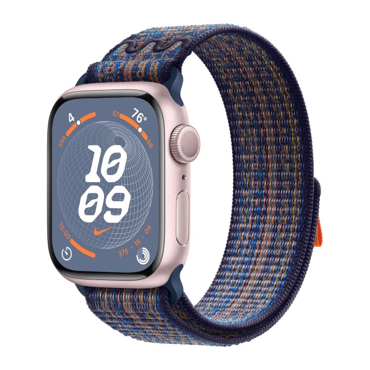 Apple Watch Series 9 45mm, Pink Aluminum Case with Nike Sport Loop - Game Royal/Orange