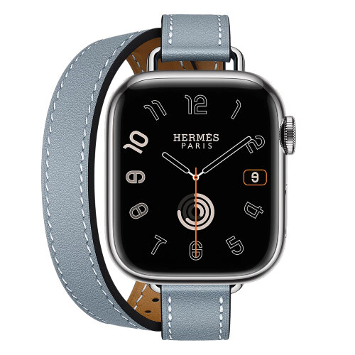 Apple Watch Hermes Series 9 41mm, двойной тонкий кожаный ремешок голубого цвета