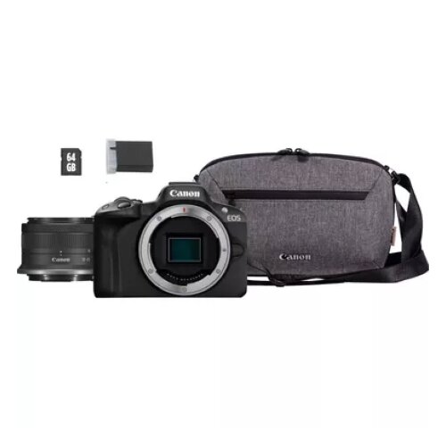 Canon EOS R50 Mirrorless Camera, Black + RF-S 18-45mm F4.5-6.3 IS STM Lens + Backpack2 + SD Card