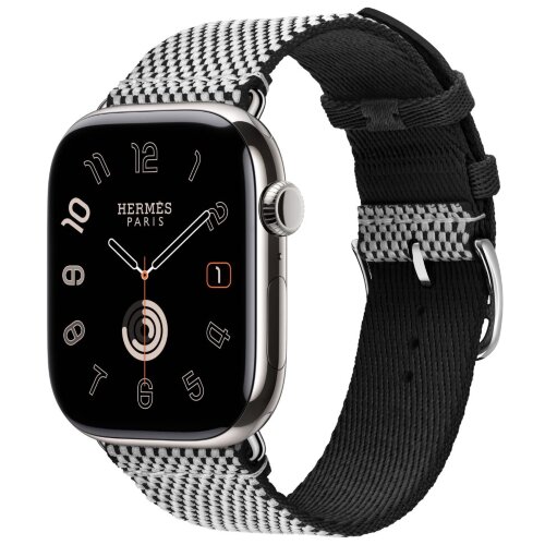 Apple Watch Hermes Series 11 46mm, клетчатый ремешок из плетеного нейлона черный с белым