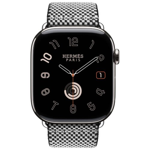 Apple Watch Hermes Series 11 46mm, клетчатый ремешок из плетеного нейлона черный с белым