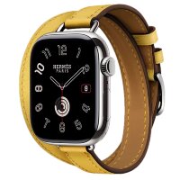 Apple Watch Hermes Series 11 42mm, двойной тонкий желтый кожаный ремешок