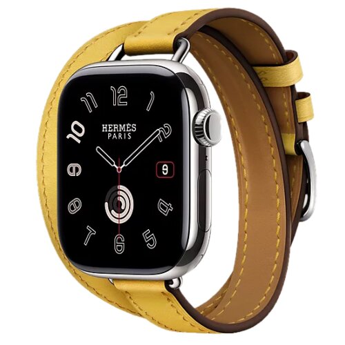 Apple Watch Hermes Series 11 42mm, двойной тонкий желтый кожаный ремешок