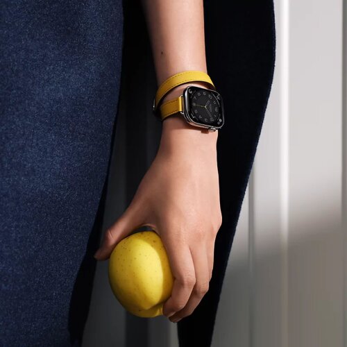 Apple Watch Hermes Series 11 42mm, двойной тонкий желтый кожаный ремешок