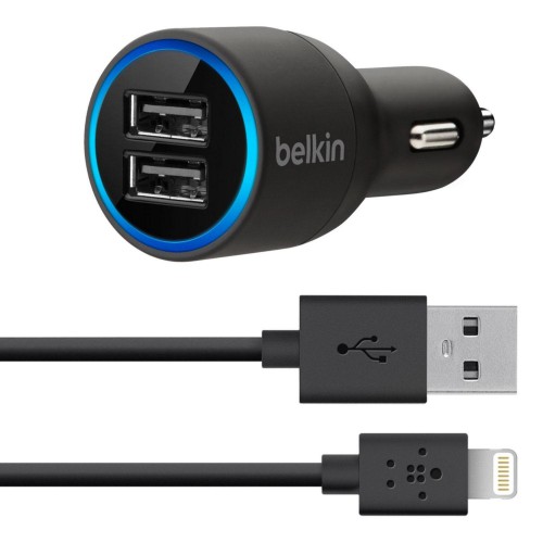 Автомобильная зарядка Belkin 2 USB 2A с кабелем Lightning, черная