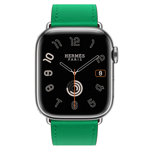 Apple Watch Hermes Series 9 45mm, классический кожаный ремешок зеленого цвета