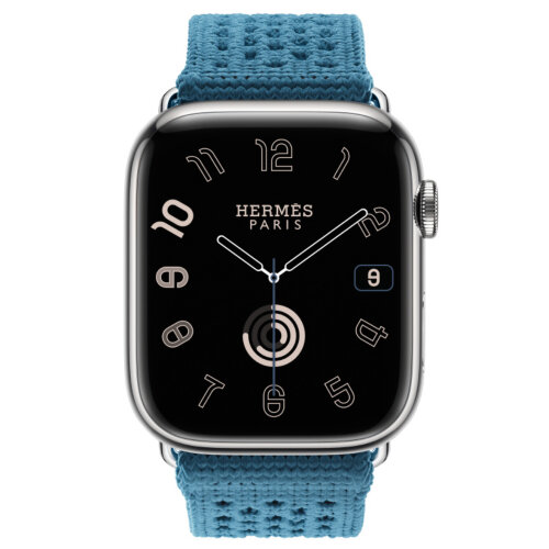 Apple Watch Hermes Series 10 46mm, ремешок из текстильного трикотажа голубого цвета