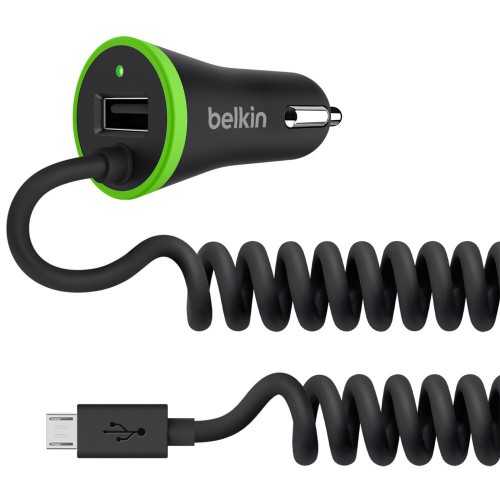 Автомобильная зарядка Belkin 1USB 3.4A с литым витым кабелем Lightning, черная
