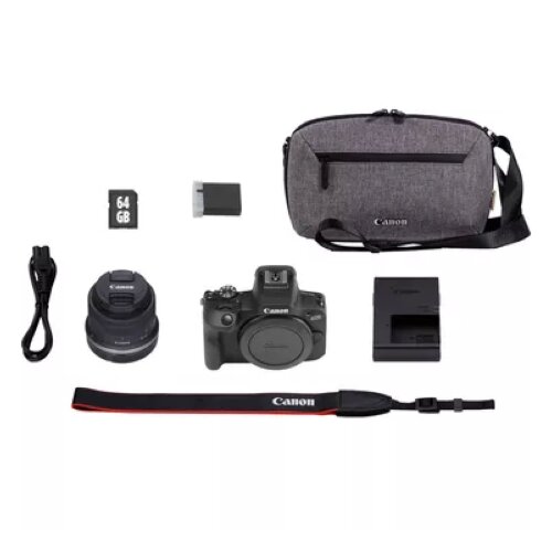 Canon EOS R100 Mirrorless Camera + RF-S 18-45mm F4.5-6.3 IS STM Lens + Backpack (Gray)+ SD Card