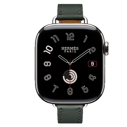 Apple Watch Hermes Series 11 42mm, тонкий кожаный ремешок темно-зеленого цвета
