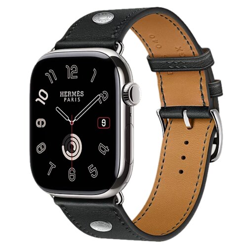 Apple Watch Hermes Series 12 46mm, классический кожаный черный ремешок с клепкой