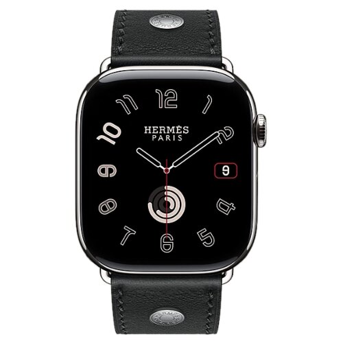 Apple Watch Hermes Series 12 46mm, классический кожаный черный ремешок с клепкой