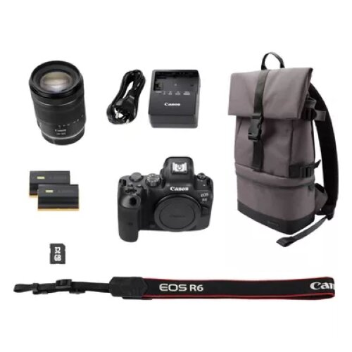 Canon EOS R6 Mirrorless Camera + RF 24-105mm IS STM Lens + Backpack + SD card + Spare Battery