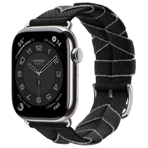 Apple Watch Hermes Series 11 46mm, ремешок из плетеного нейлона черный с серым