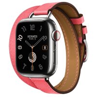 Apple Watch Hermes Series 9 41mm, двойной тонкий кожаный ремешок светло-розового цвета