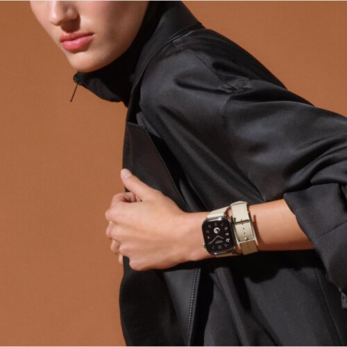 Apple Watch Hermes Series 12 42mm, двойной кожаный бежевый ремешок с пряжкой