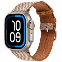 Apple Watch Ultra 3 Hermes 49mm, клетчатый ремешок из плетеного нейлона золотой с белым
