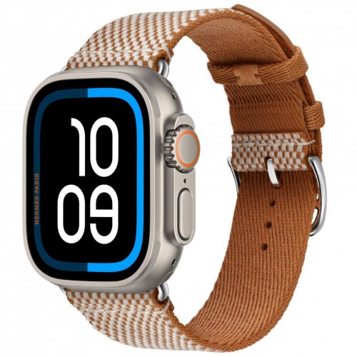 Apple Watch Ultra 3 Hermes 49mm, клетчатый ремешок из плетеного нейлона золотой с белым