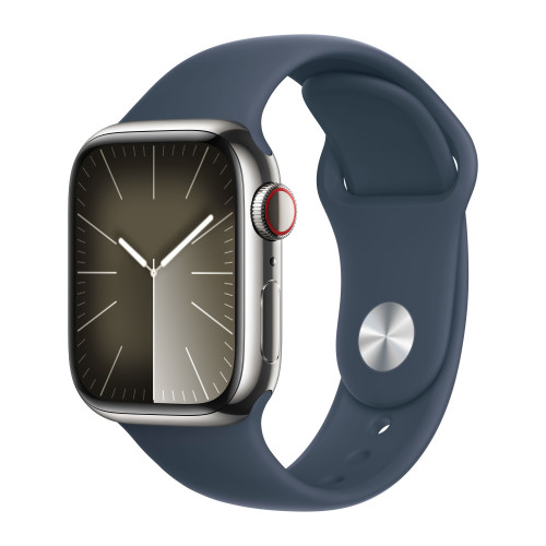 Apple Watch Series 9 41mm, Silver Stainless Steel Case with Sport Band - Storm Blue