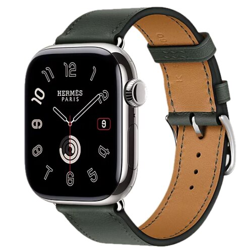 Apple Watch Hermes Series 12 42mm, классический кожаный темно-зеленый ремешок
