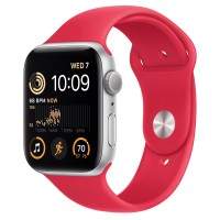 Apple Watch SE (2022) 44mm, Silver Aluminum Case with Sport Band - Red