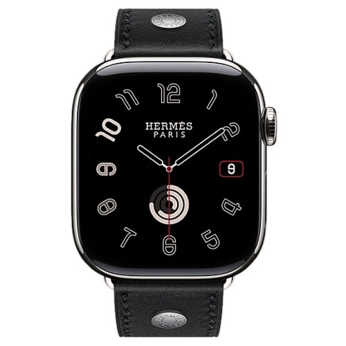 Apple Watch Hermes Series 12 42mm, классический кожаный черный ремешок с клепкой