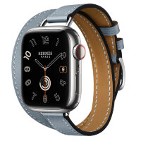 Apple Watch Hermes Series 11 42mm, двойной тонкий кожаный ремешок голубого цвета