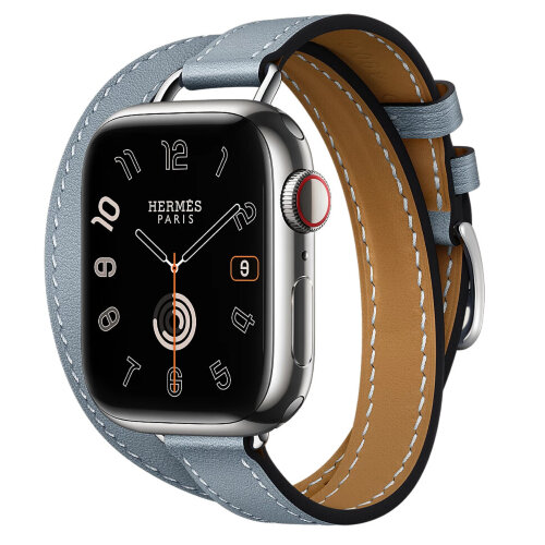 Apple Watch Hermes Series 11 42mm, двойной тонкий кожаный ремешок голубого цвета