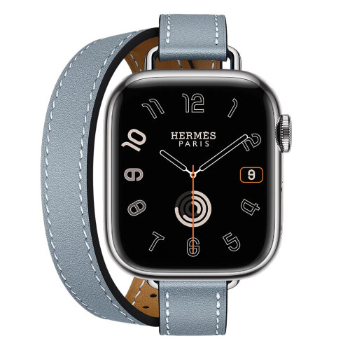 Apple Watch Hermes Series 11 42mm, двойной тонкий кожаный ремешок голубого цвета